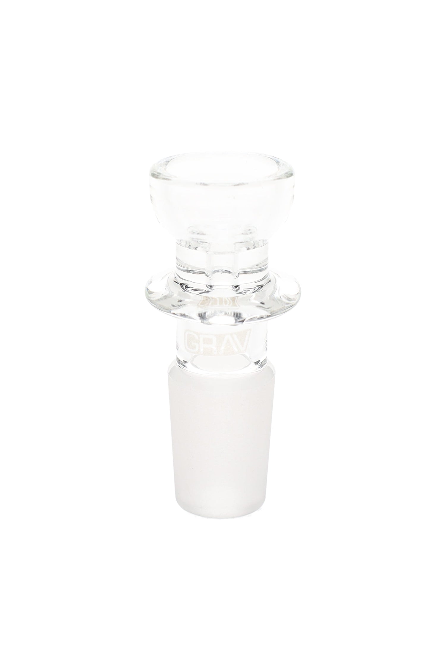 Close-up of GRAV clear glass cup bowl showing polished male ground joint and easy-lift rim for quick pack-and-clear sessions.