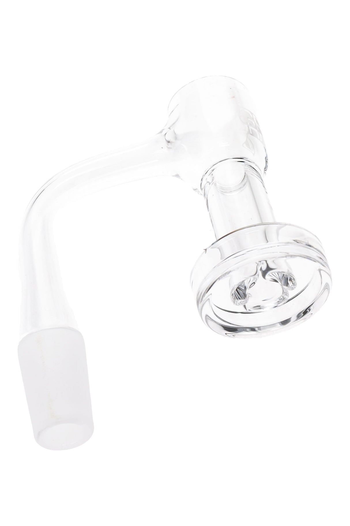 GRAV slurper bucket banger with frosted ground joint and recessed dish featuring intake cuts; clear glass, flat-top design.