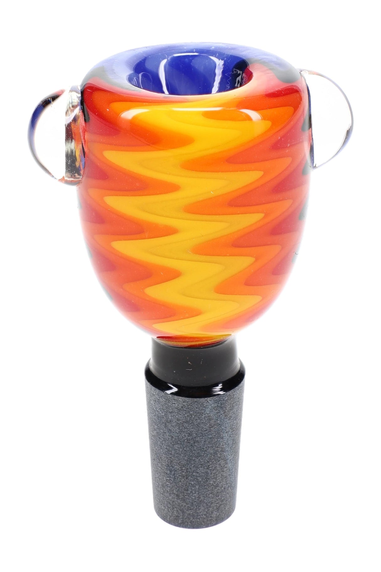 Orange 14.5 mm male glass bowl with black joint, colorful reverse pattern, and raised marble accents