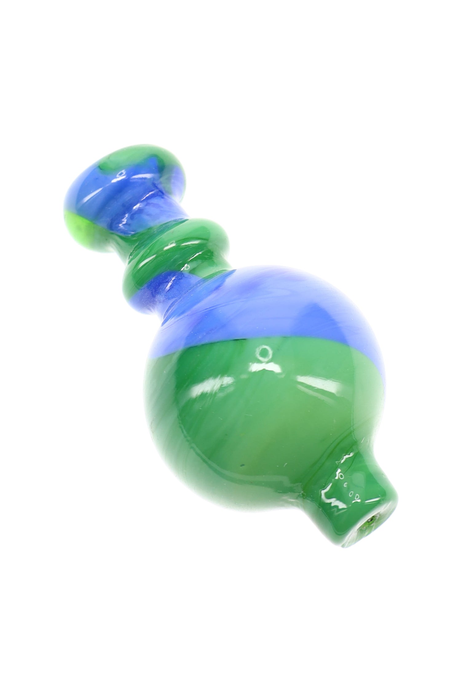 Closeup of green and blue swirl striped bubble carb cap showing rounded shape and tapered airflow opening for dab rigs.