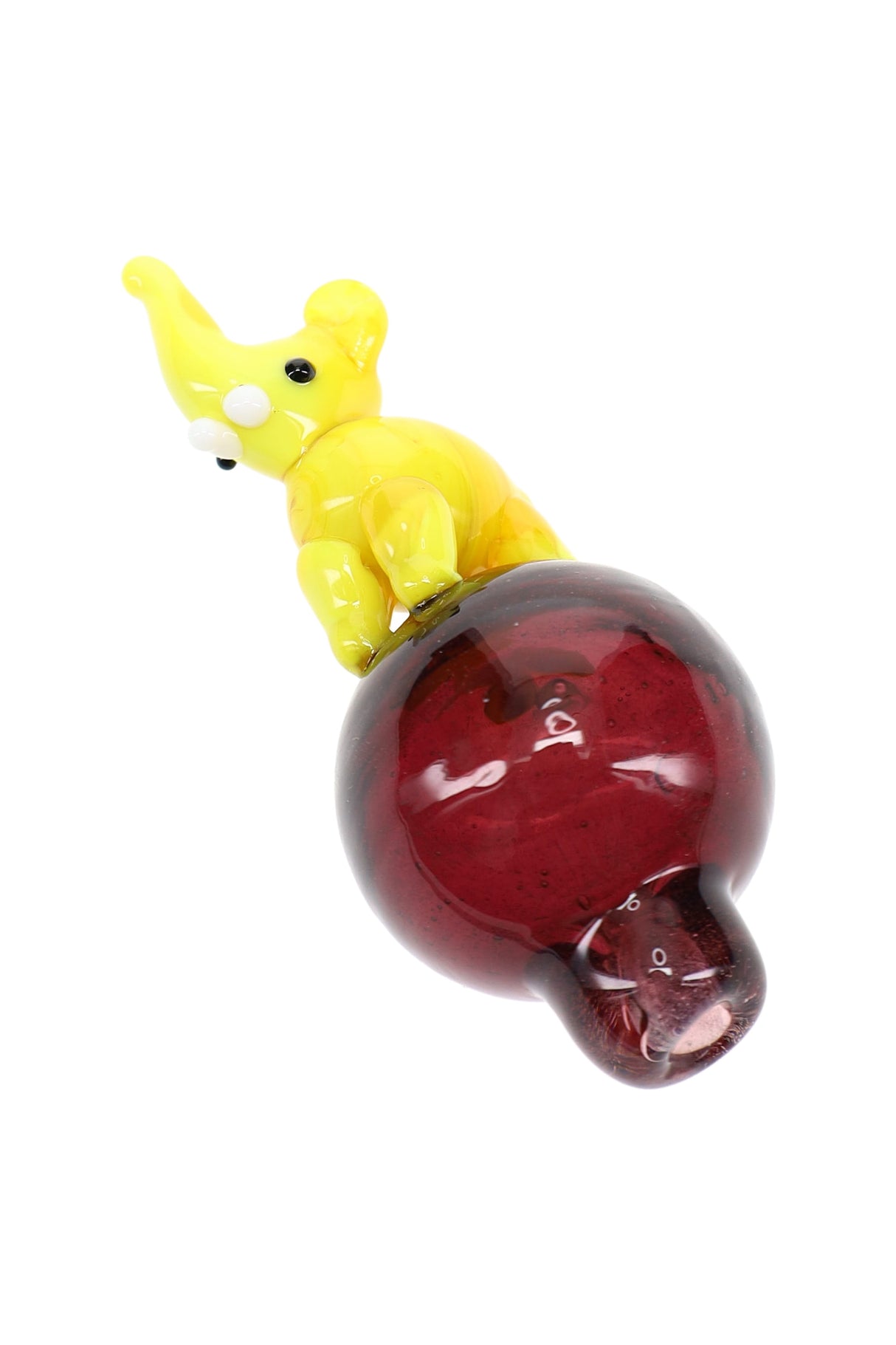 Yellow elephant bubble carb cap atop a deep red bubble base, rounded profile for sealing a quartz bucket.