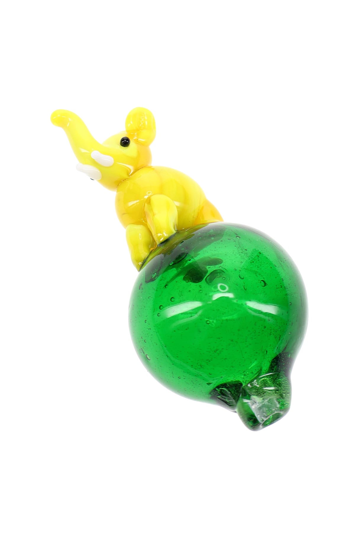 Yellow elephant carb cap on emerald green bubble base, sculpted trunk handle for easy grip and precise spinning.