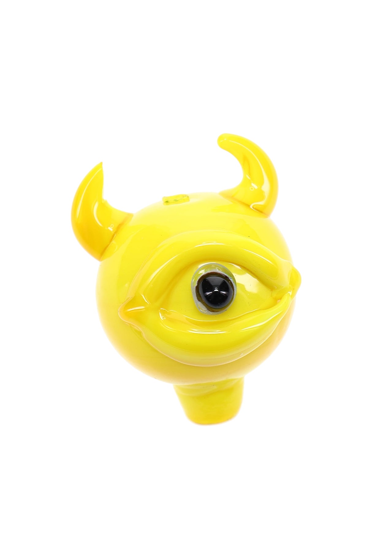 Yellow cyclops-themed glass carb cap with horn grips and domed top; designed to help manage airflow and temperature on matching banger buckets.