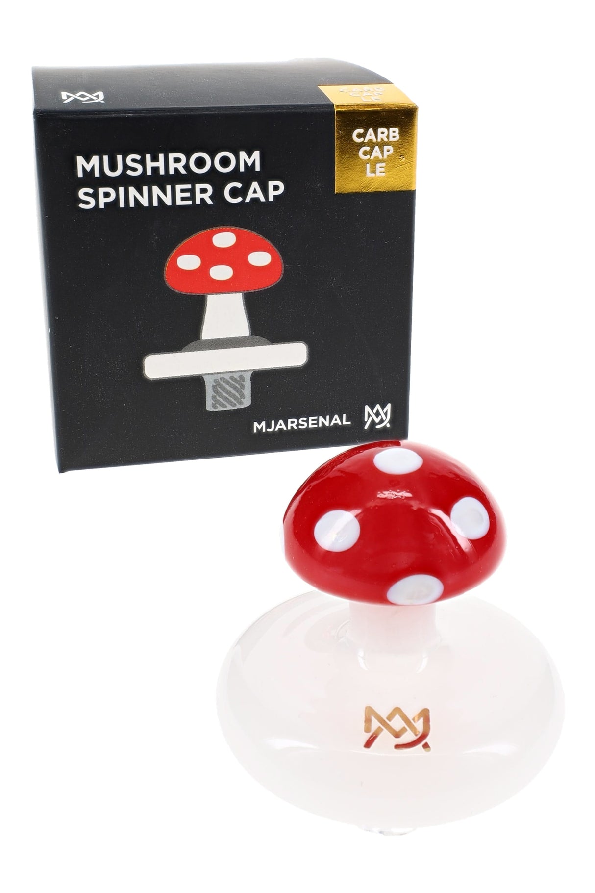MJ Arsenal mushroom spinner carb cap displayed in front of black “Mushroom Spinner Cap” retail box, limited edition toadstool-themed spinner carb cap for flat-top bangers.