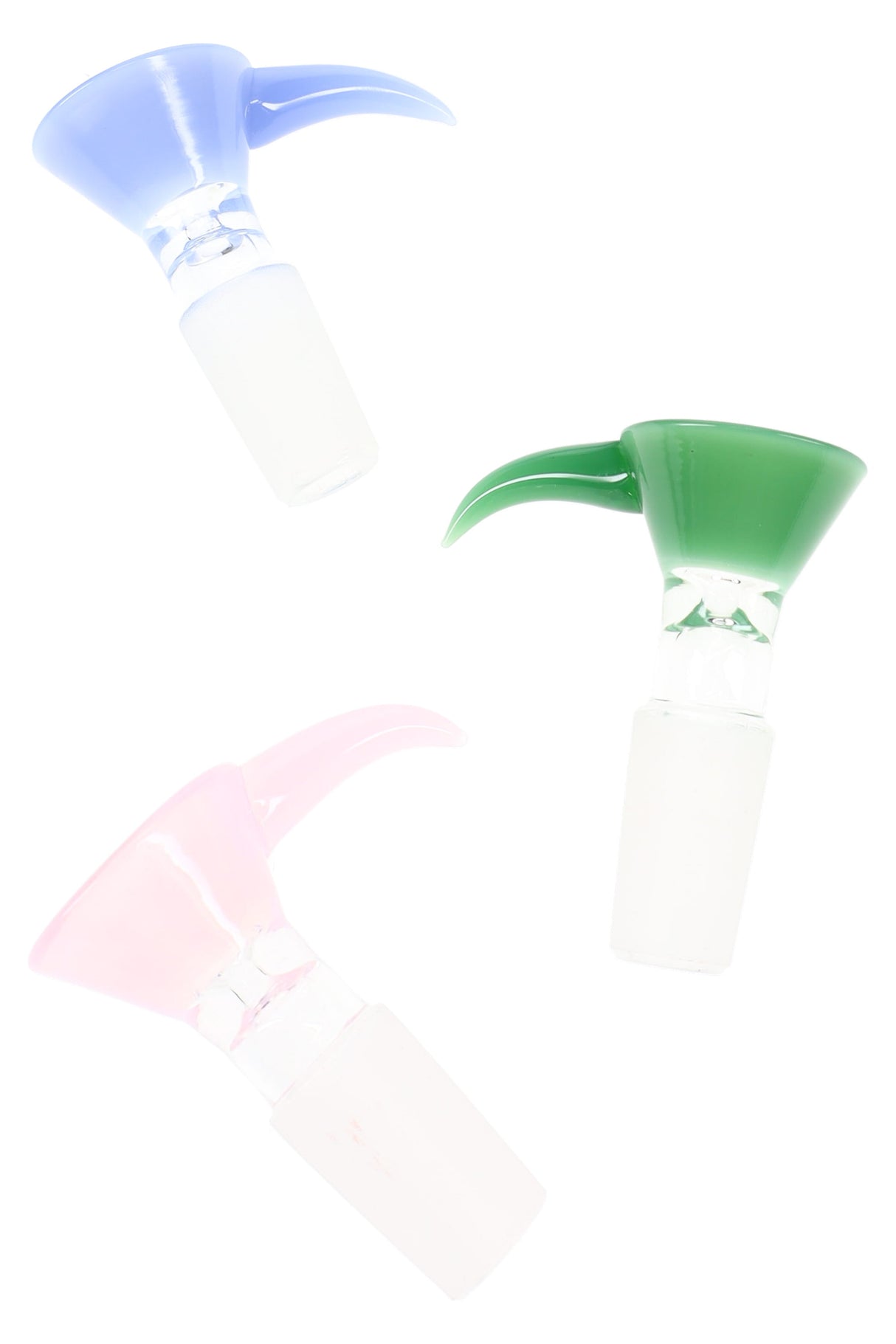 Pastel 14.5 mm male colored glass bowl with long curved grip, pictured as an assorted replacement bong slide for water pipes