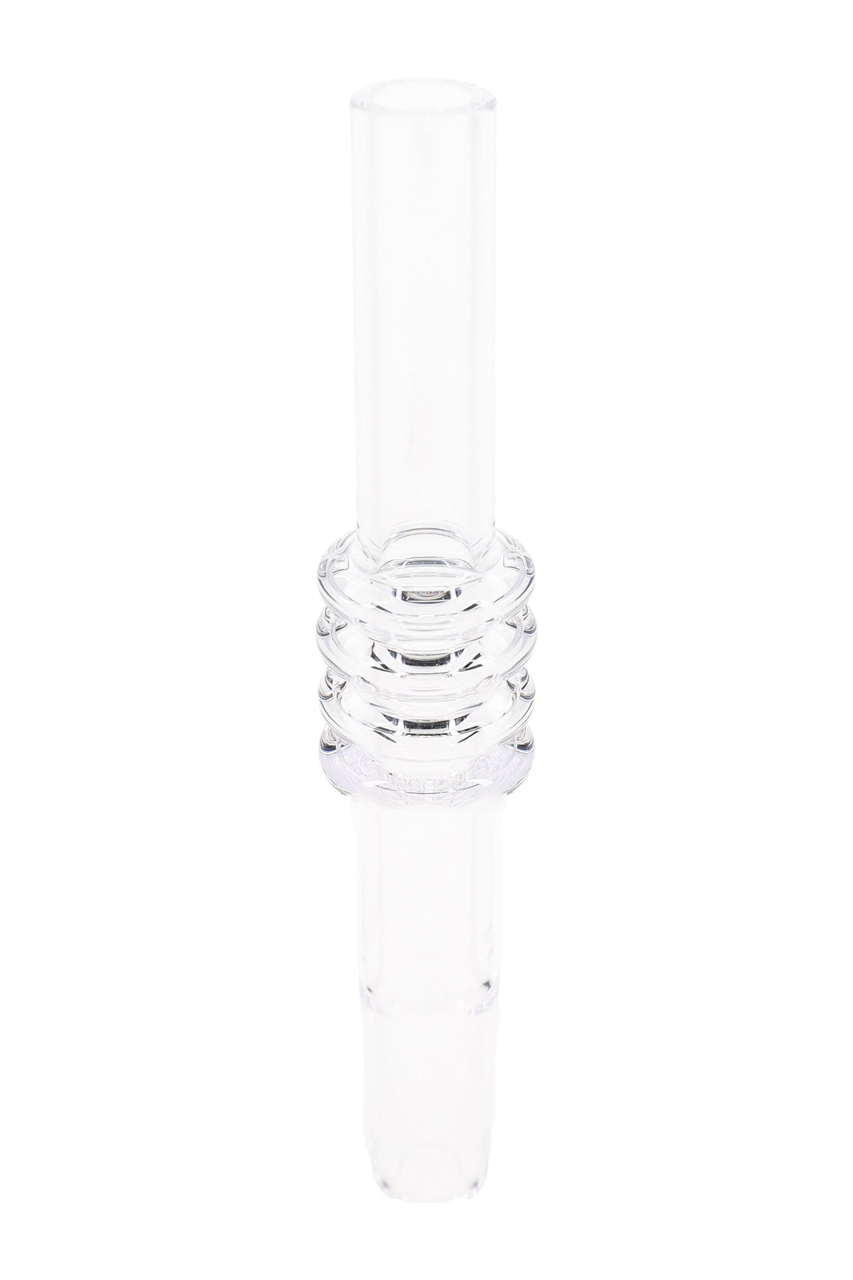 Clear quartz 10 mm dab straw nail with triple-ring grip section and tapered tip, upright on white background