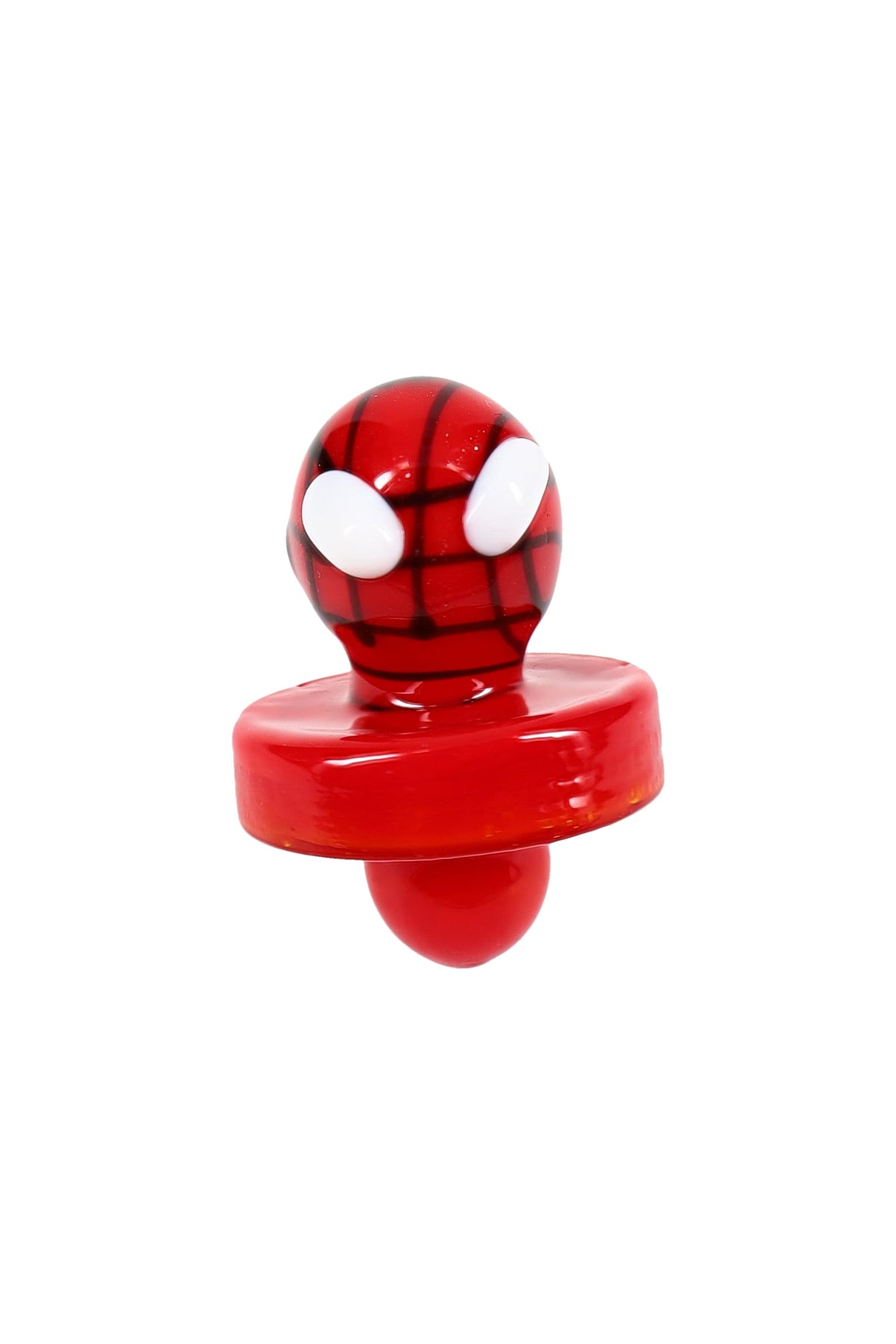 Red Spider Hero glass carb cap with black web pattern and white eyes, angled close-up, airflow control topper
