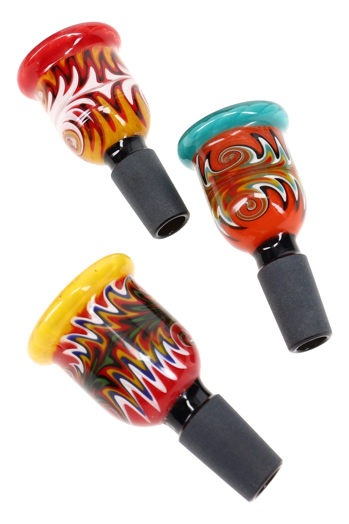 Three 14.5 mm male glass bowls with red, yellow, and teal rims plus black joints and reverse patterns