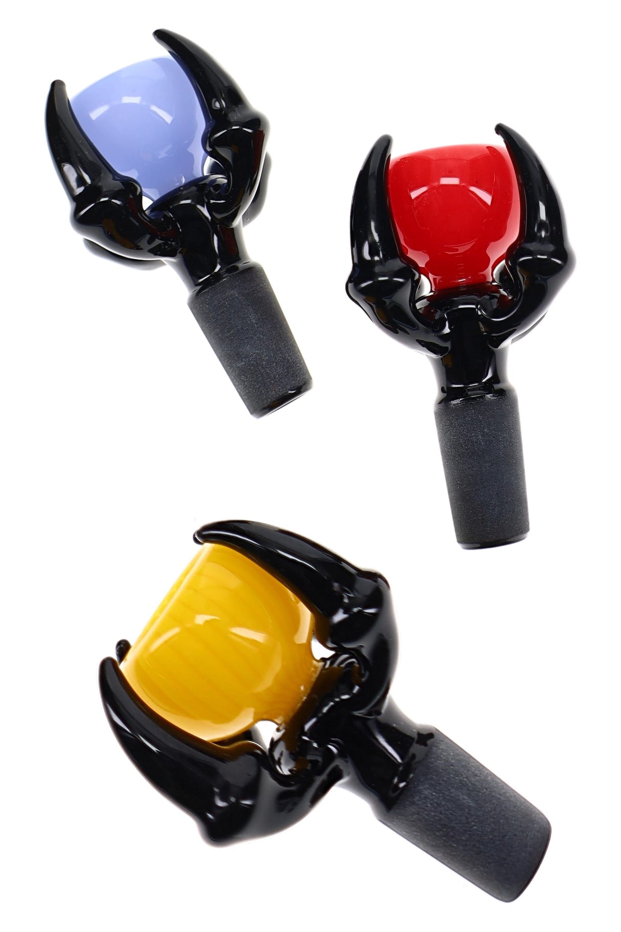 Alternate angle of claw-style glass bowl showing vivid color, black design, and male joint connection
