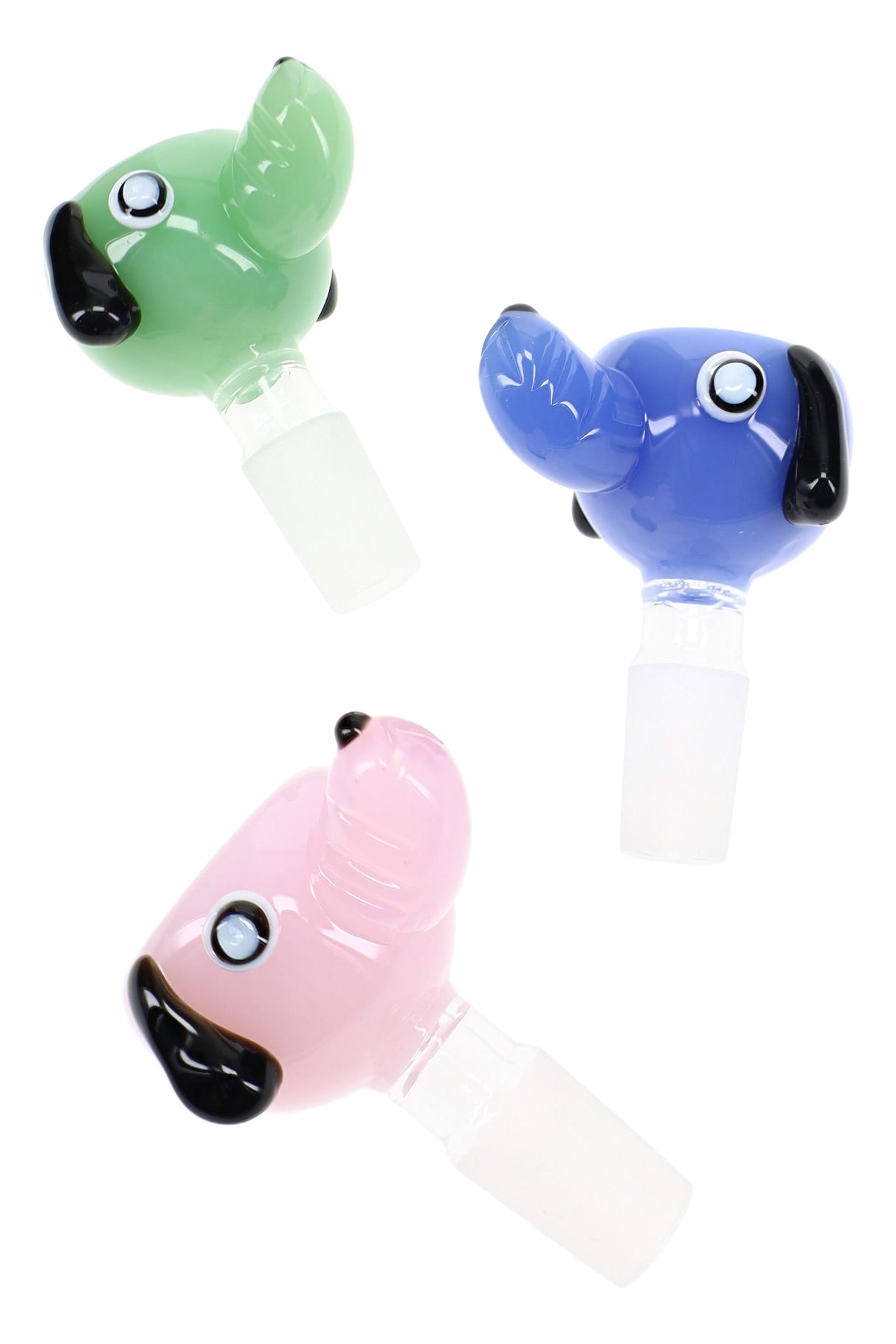 Alternate angle of dog-themed glass bowl showing rounded shape, colored body, and male joint connection