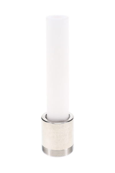 White ceramic dab straw nail with silver threaded base standing upright on a clean white background