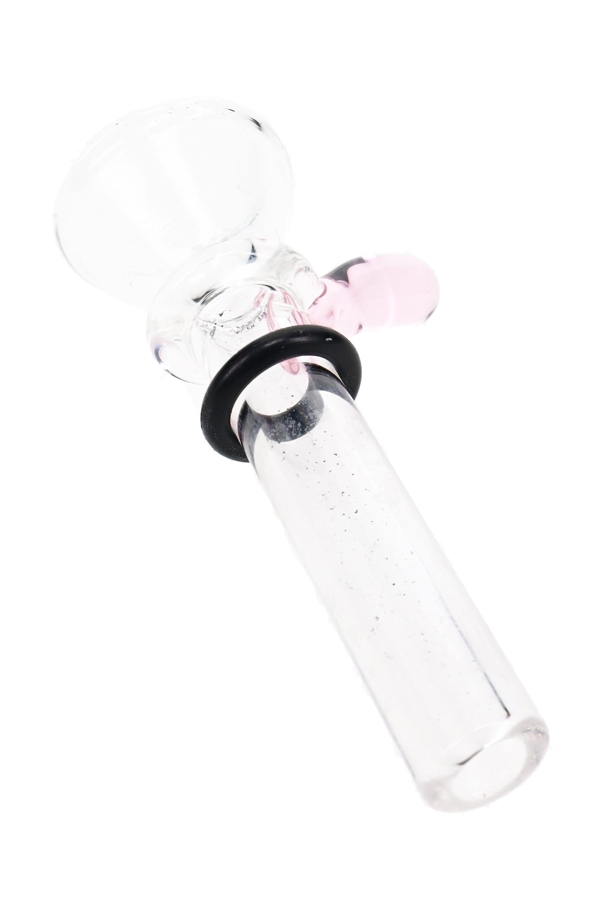 Pink handle Ancient Creations glass slide bowl with clear tube, martini bowl, and black sealing ring