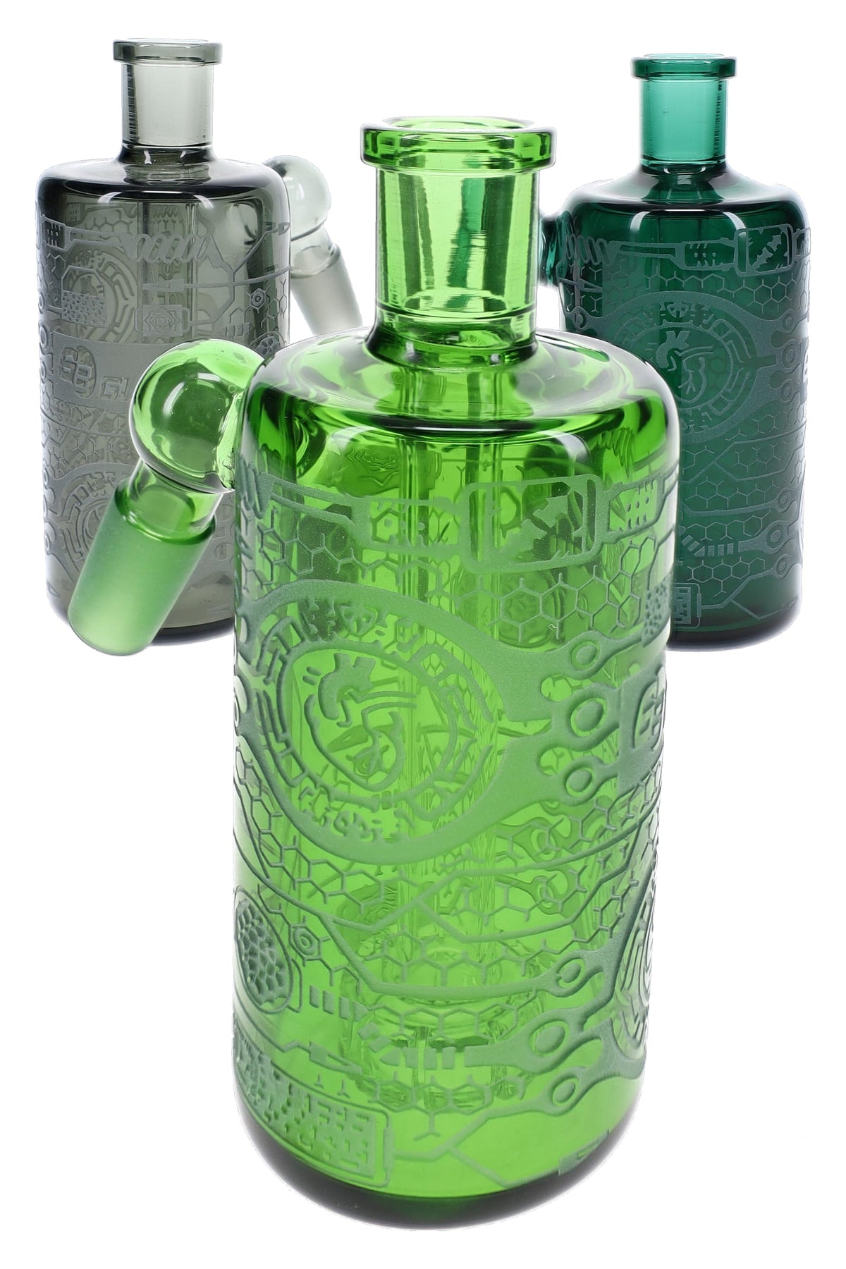 Assorted 6B Glass frosted ash catchers in green, smoke, and teal with showerhead perc chambers