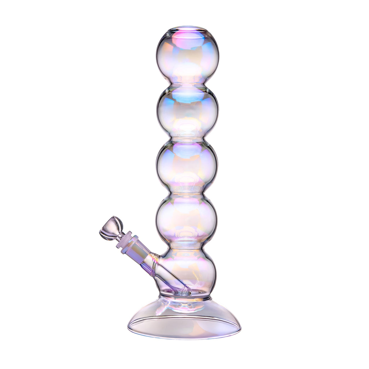 Tall BigFun! bubble bong with electroplated iridescent glass, stacked body, and 14 mm bowl on white background