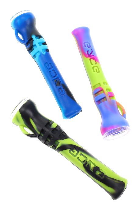 Eyce Shorty silicone one hitter with removable 13 mm glass bowl and keychain loop, shown in assorted swirl colorways on a white background.