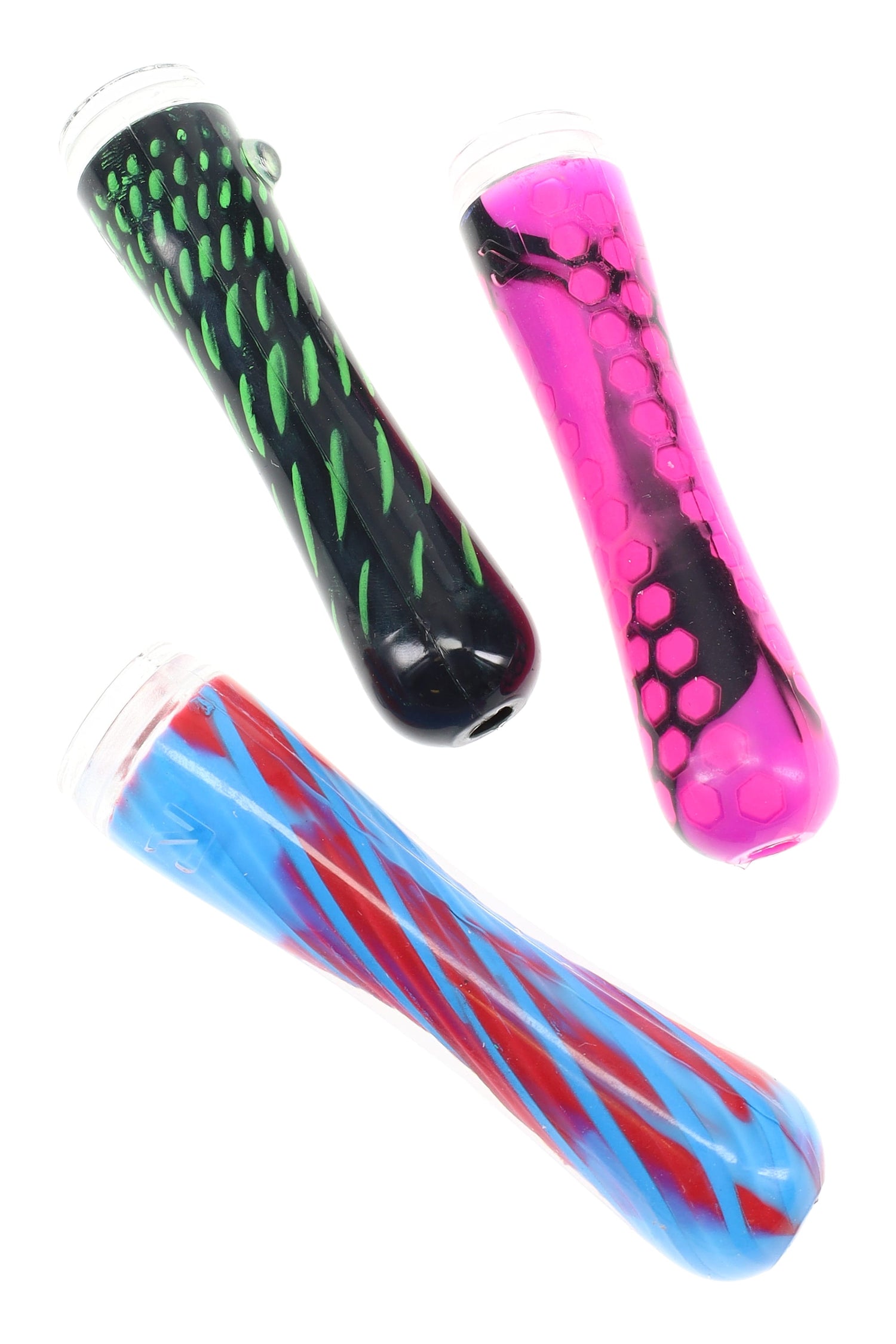 Eyce ORAFLEX Shorty silicone one-hitter trio in assorted spiral and honeycomb colors, pocket-ready design with grippy finish and tapered tip.