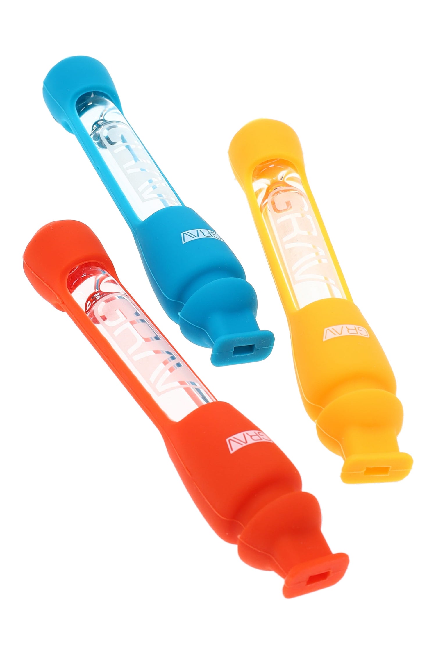 GRAV 12 mm glass one-hitter with removable silicone skin and sealing end cap, restriction pinch at mouthpiece, shown in assorted sleeve colors on white background.