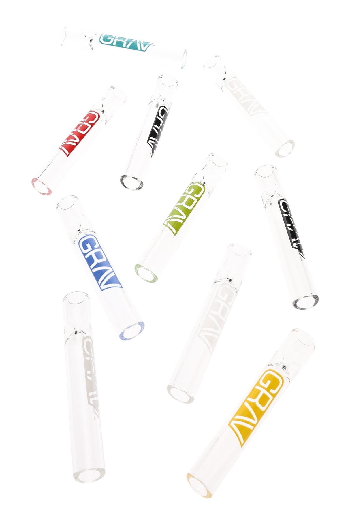 Ten clear GRAV 12 mm glass taster one-hitters, approx. 3″ each, with assorted logo colors arranged diagonally on white background