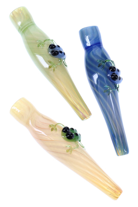 Silver-fumed color-changing glass chillum with raised frog grip and tapered 4-inch body, assorted pipe colors and accents.