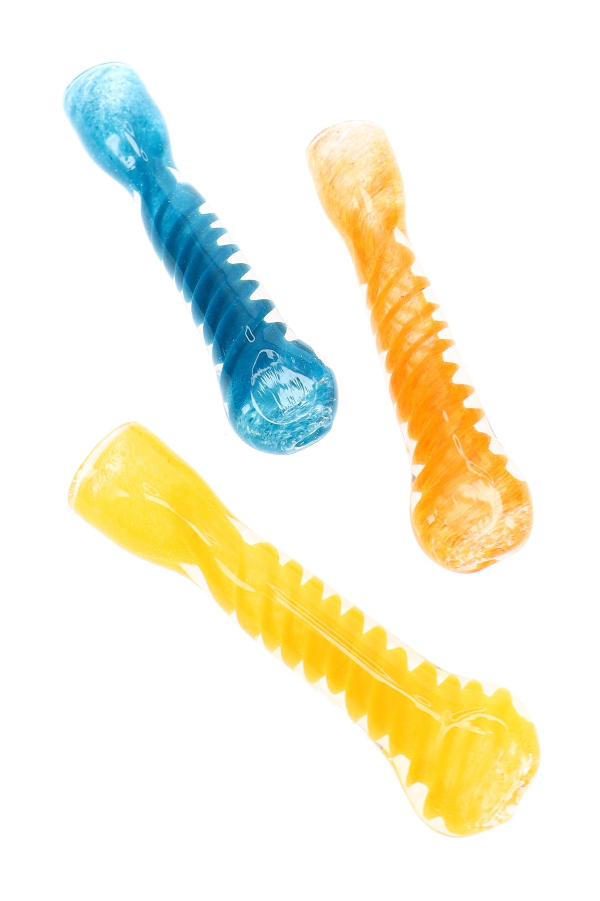 Assorted 3″ spiral frit glass chillums in blue, orange, and yellow with raised twisted accents
