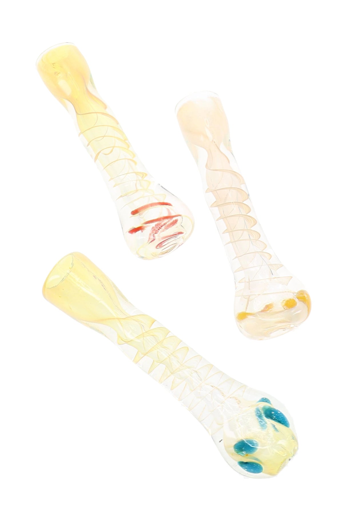Two assorted 3″ color-changing glass chillums with spiral designs and striped mouthpiece details