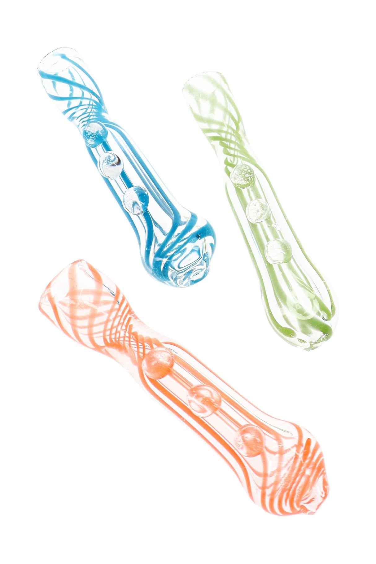Three assorted 3″ clear glass chillums with colorful swirl stripes and raised marble accents
