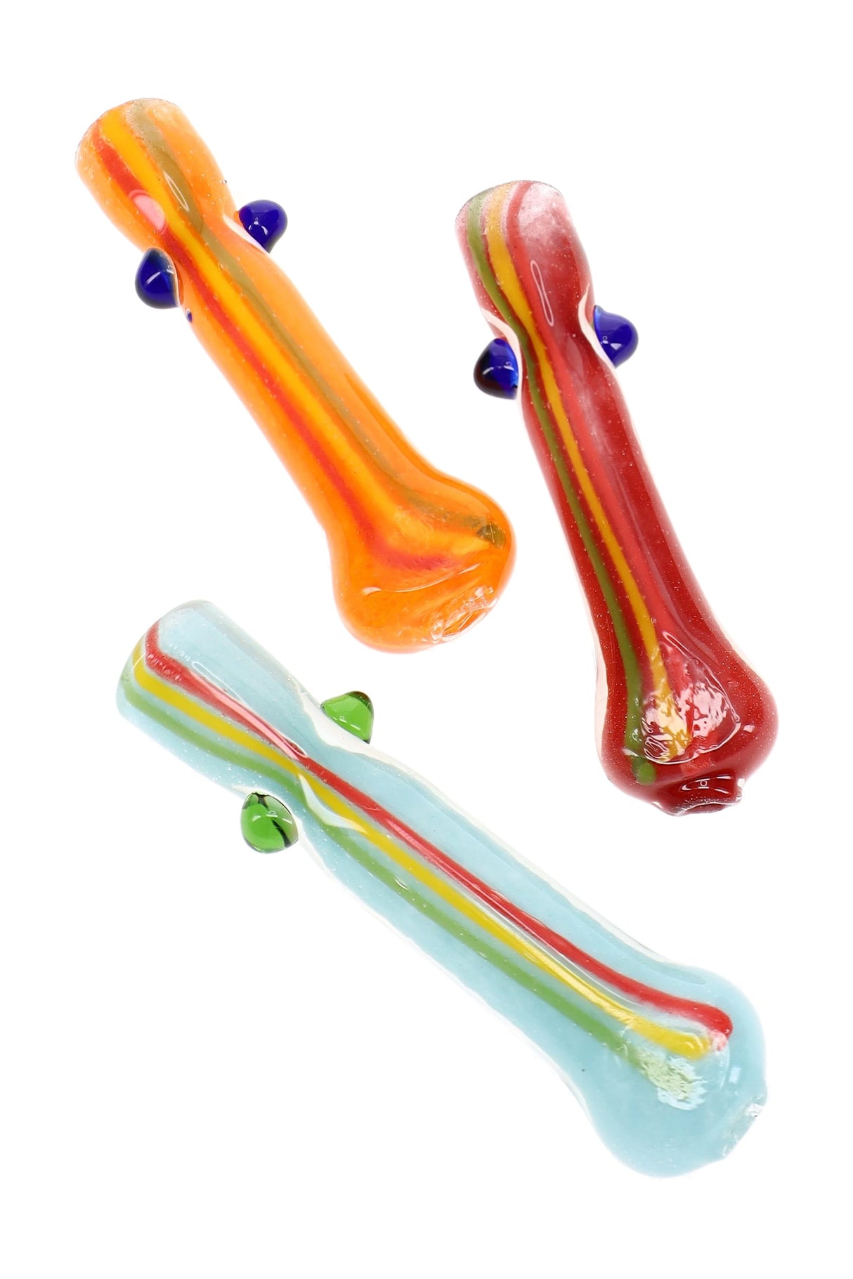 Three assorted 3″ glass chillums with rasta stripe frit accents and raised marble grips on clear tubes