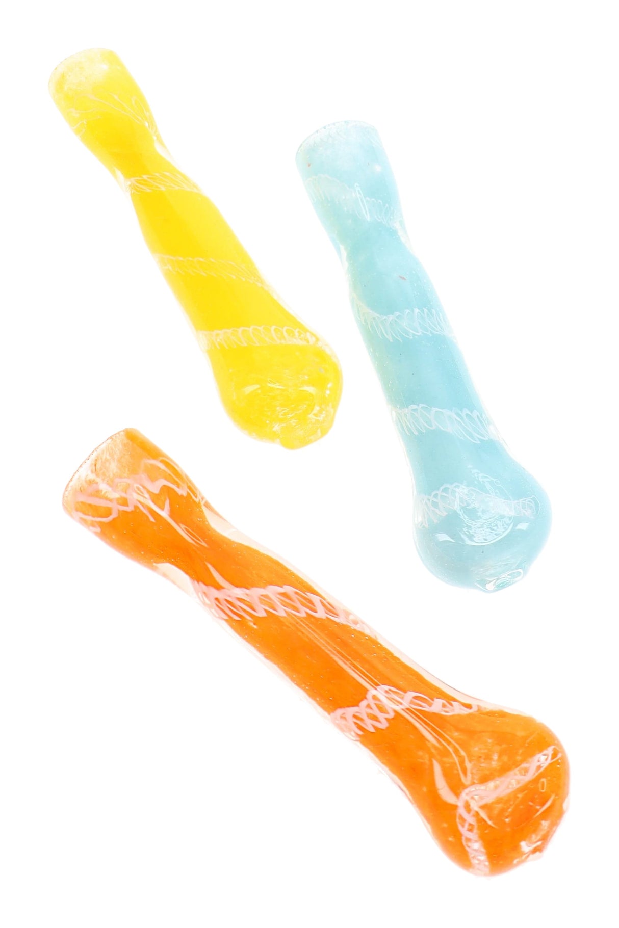 Three assorted 3″ glass chillums with colorful frit stripes and raised marble accents on compact tubes