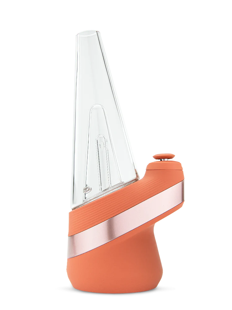 Side profile of Puffco New Peak Canyon e-rig highlighting angled glass cone, ribbed grip, and sleek metallic accent band on base.