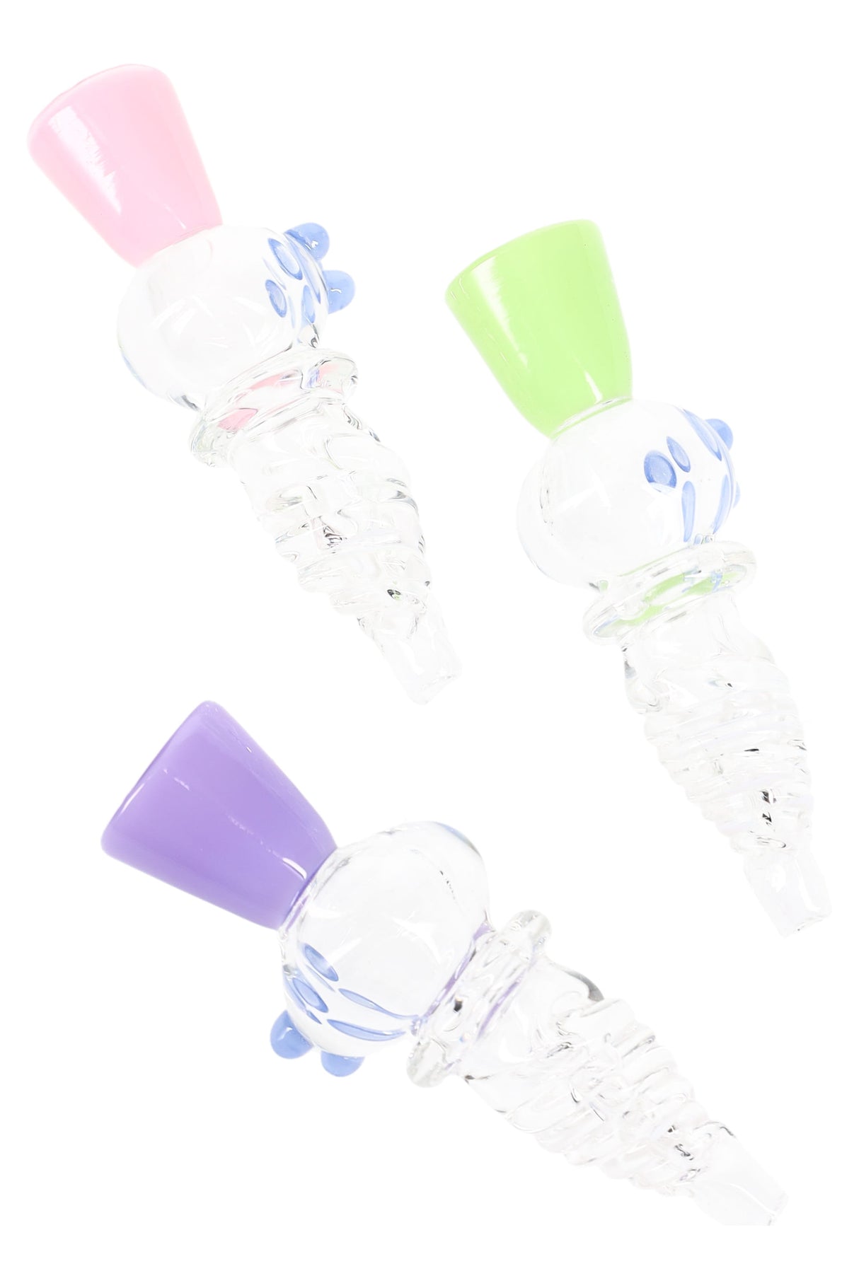 Clear twisted glass chillum one-hitter with neon pink, green, and purple bowls plus blue dot accents