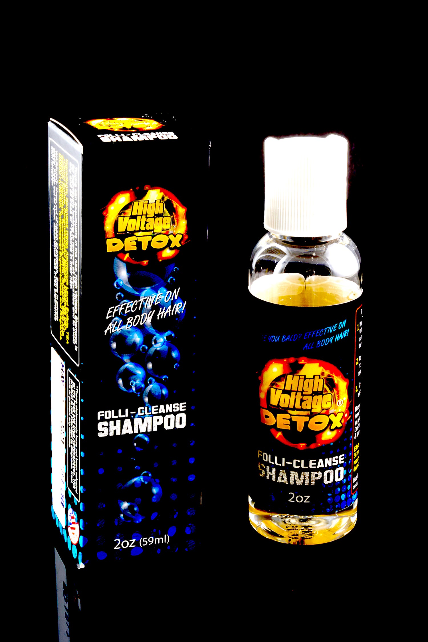 High Voltage Detox Folli-Cleanse Shampoo 2-oz bottle shown next to retail box, ready-to-use liquid cleanser.