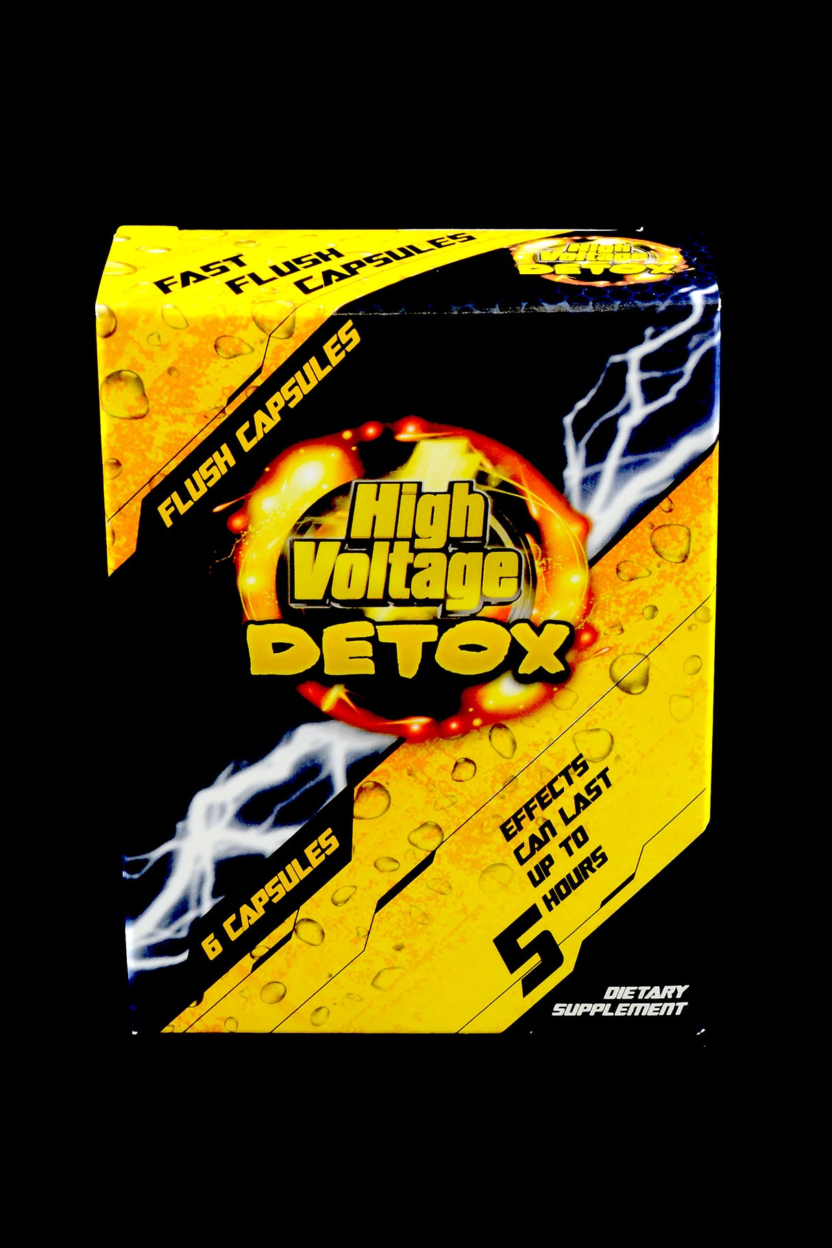 High Voltage Detox Flush Capsules box on dark background, bold yellow-and-black design highlighting 6 capsules and 5-hour window.