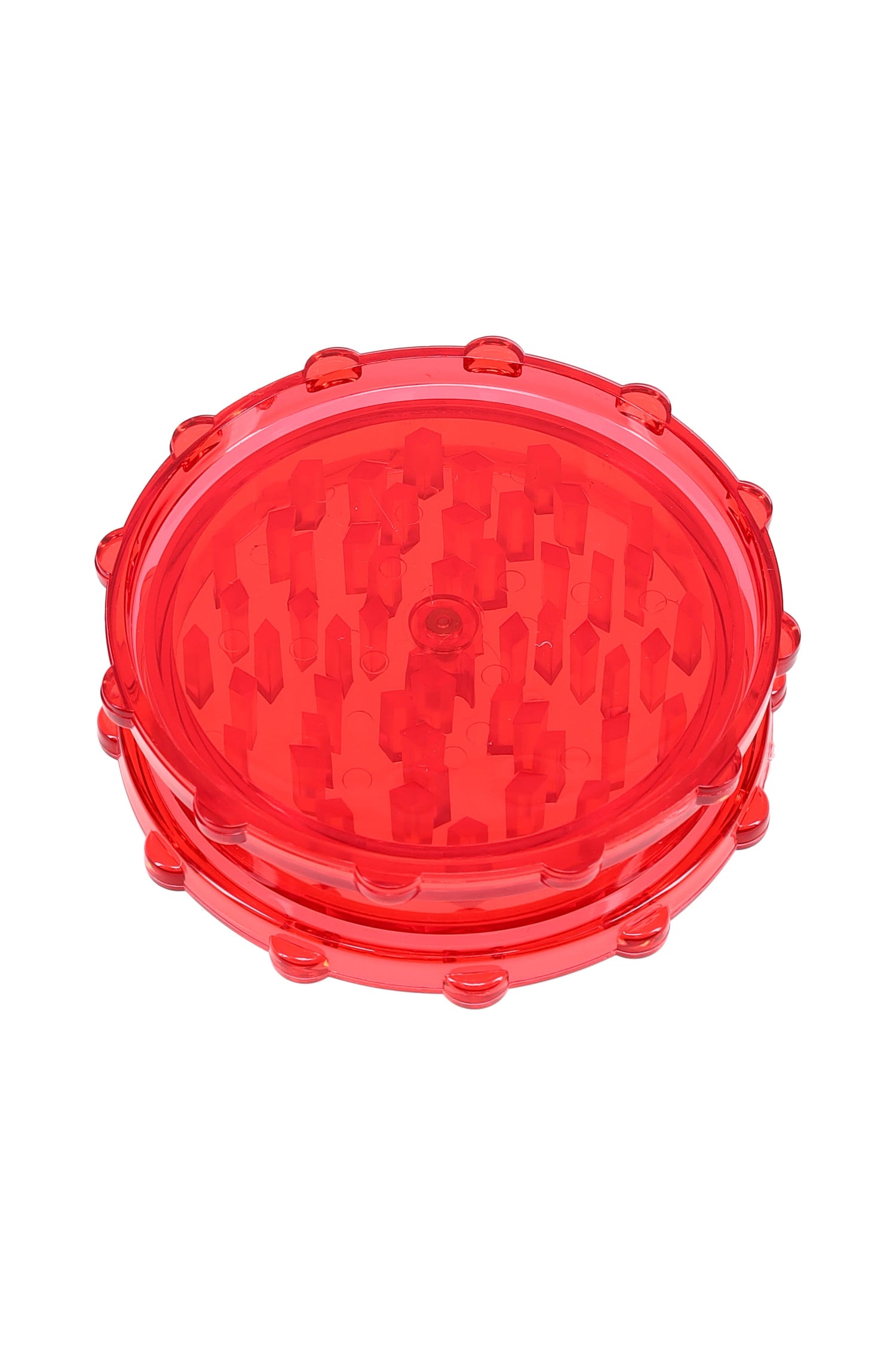 Red acrylic 2-piece magnetic herb grinder with raised peg teeth and knurled rim for easy twist.