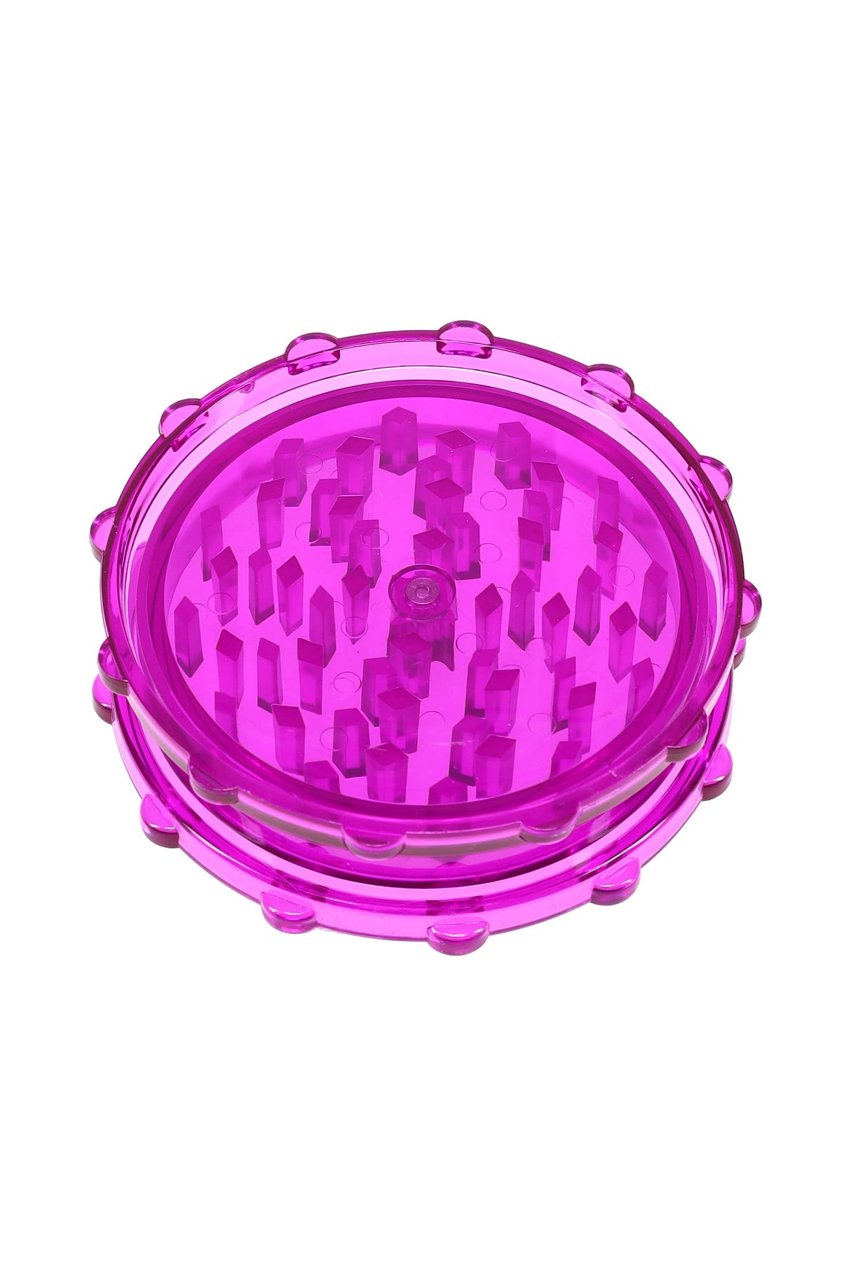 Magenta acrylic magnetic herb grinder, two-piece design with sturdy teeth and translucent body.