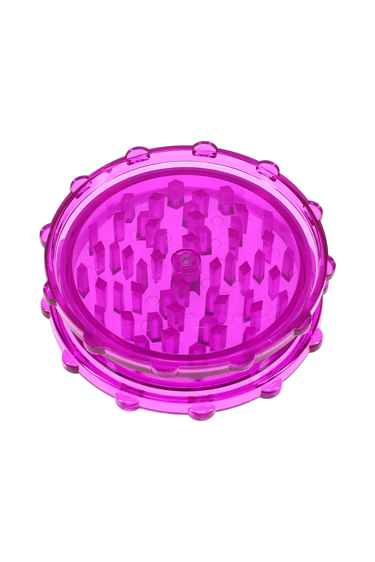 Magenta acrylic magnetic herb grinder, two-piece design with sturdy teeth and translucent body.
