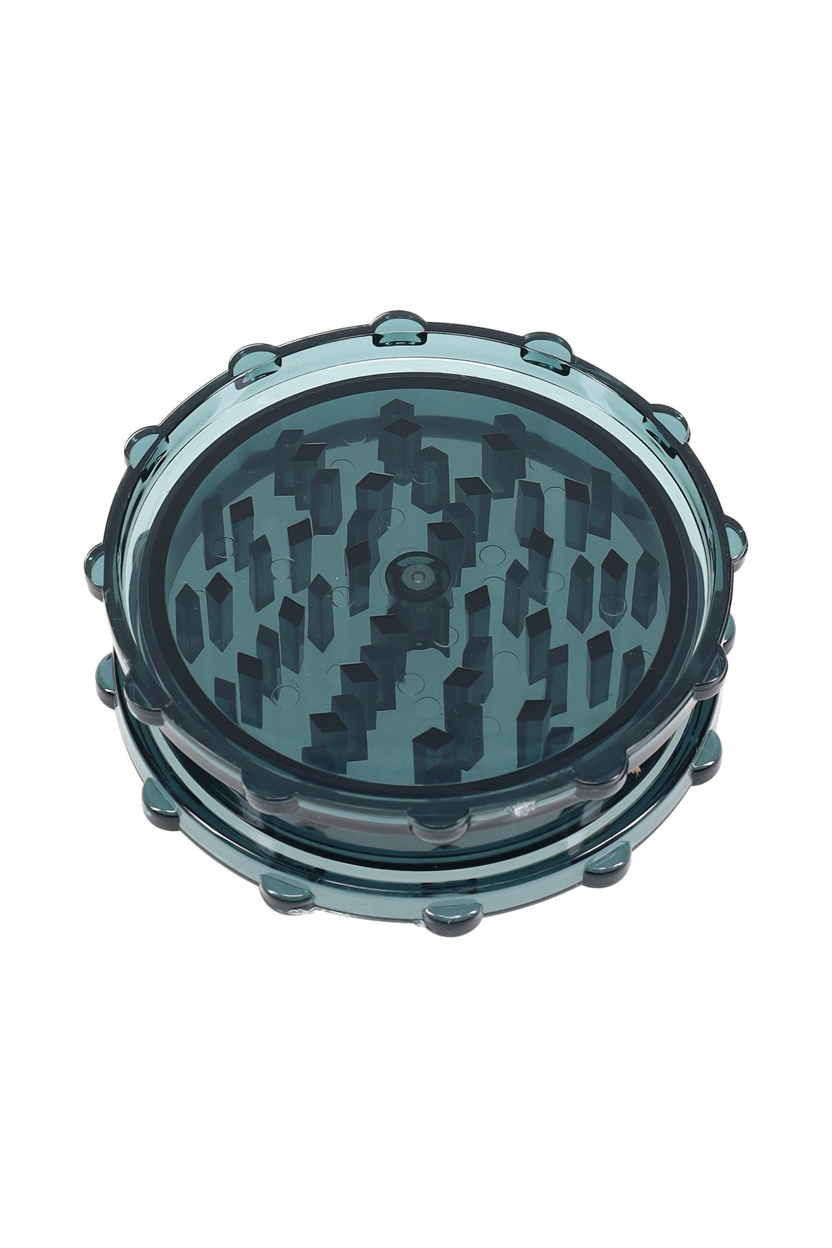 Smoke gray acrylic 2-piece magnetic grinder with visible teeth and rounded grip nubs.