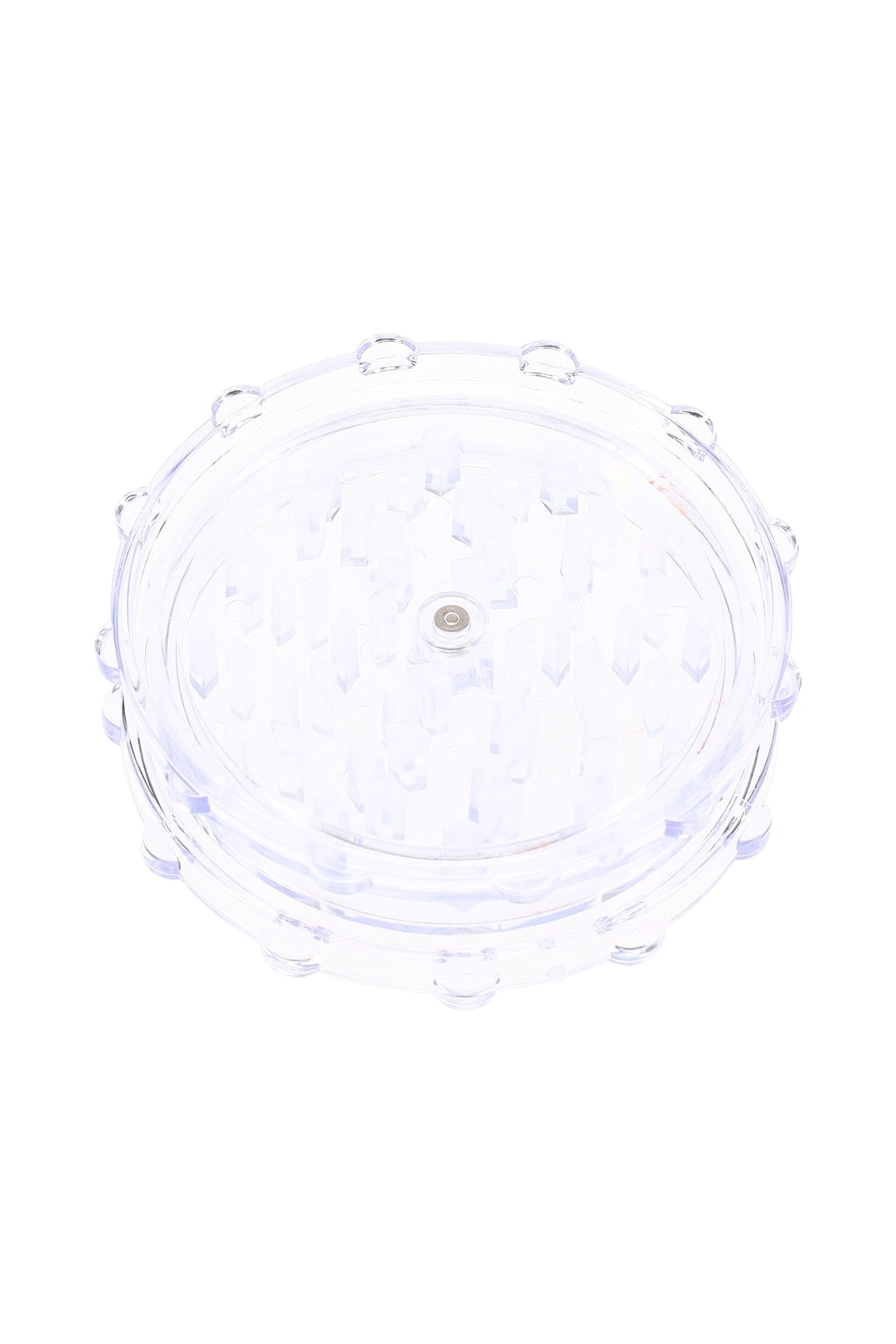 Clear acrylic magnetic herb grinder, compact two-piece style with aligned center magnet.