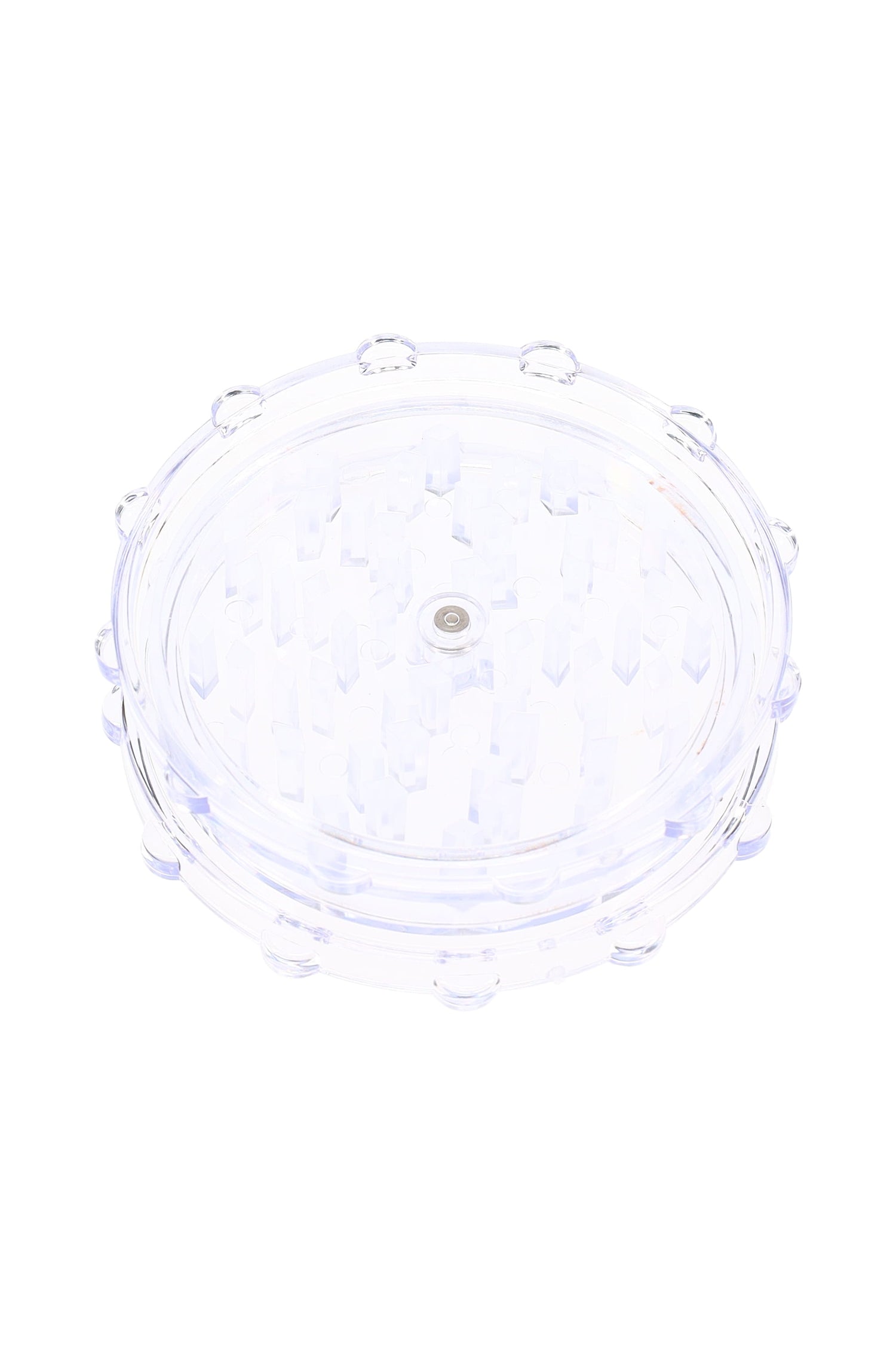 Clear acrylic magnetic herb grinder, compact two-piece style with aligned center magnet.