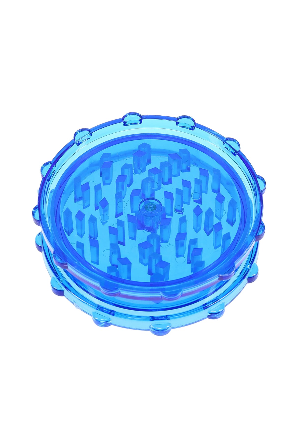 Blue acrylic 2-piece magnetic grinder featuring sturdy peg teeth and easy-grip rim.