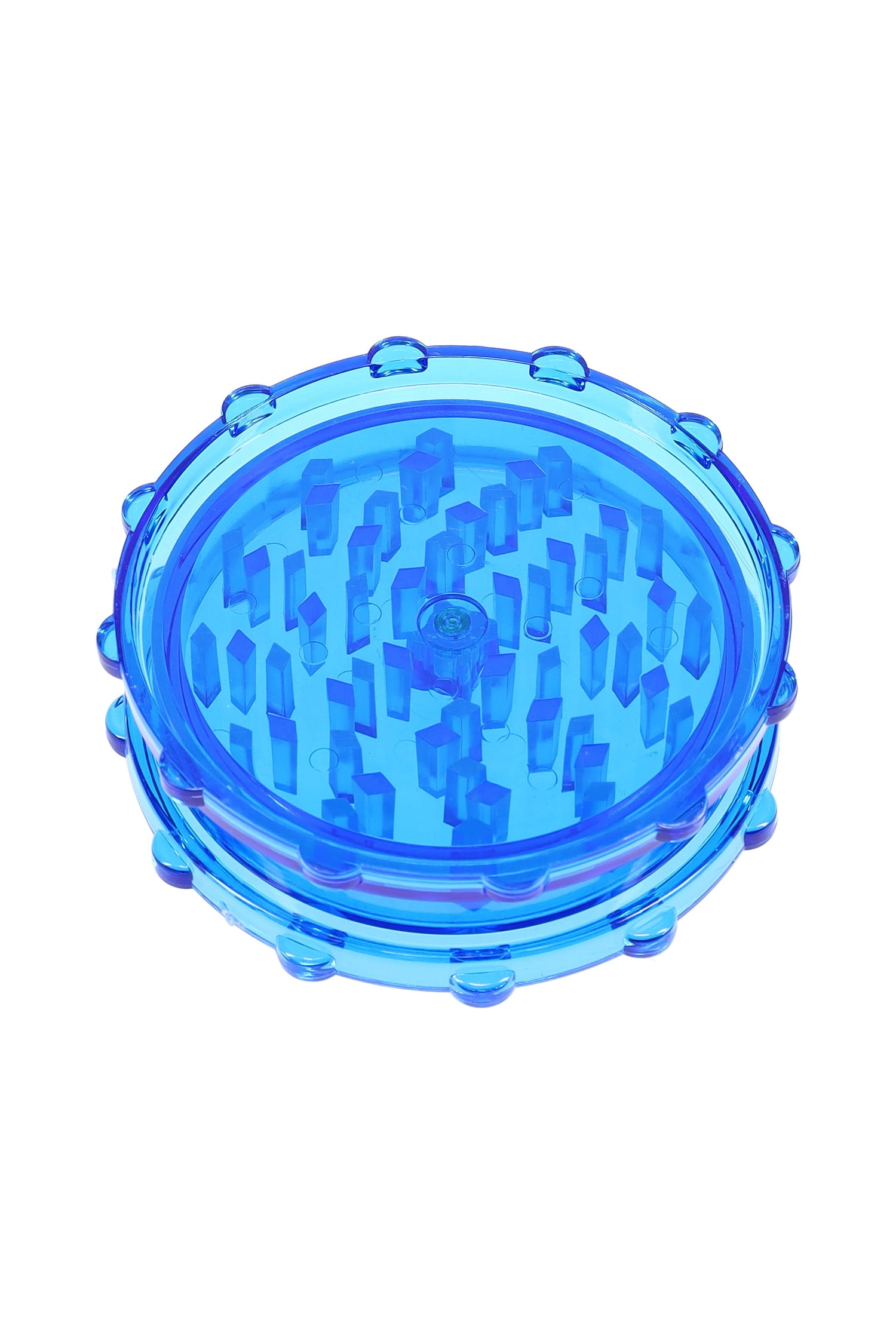 Blue acrylic 2-piece magnetic grinder featuring sturdy peg teeth and easy-grip rim.