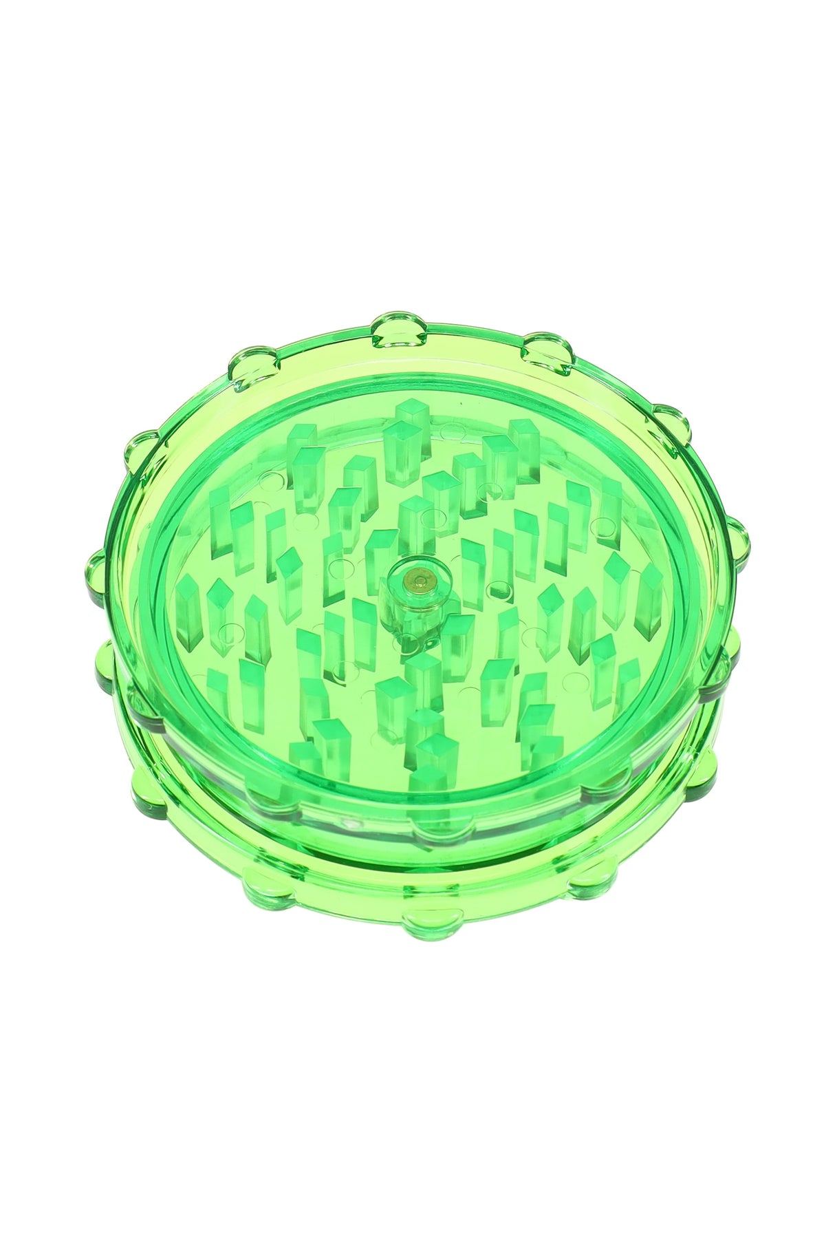 Green acrylic magnetic herb grinder with translucent body and evenly spaced grinding pegs.