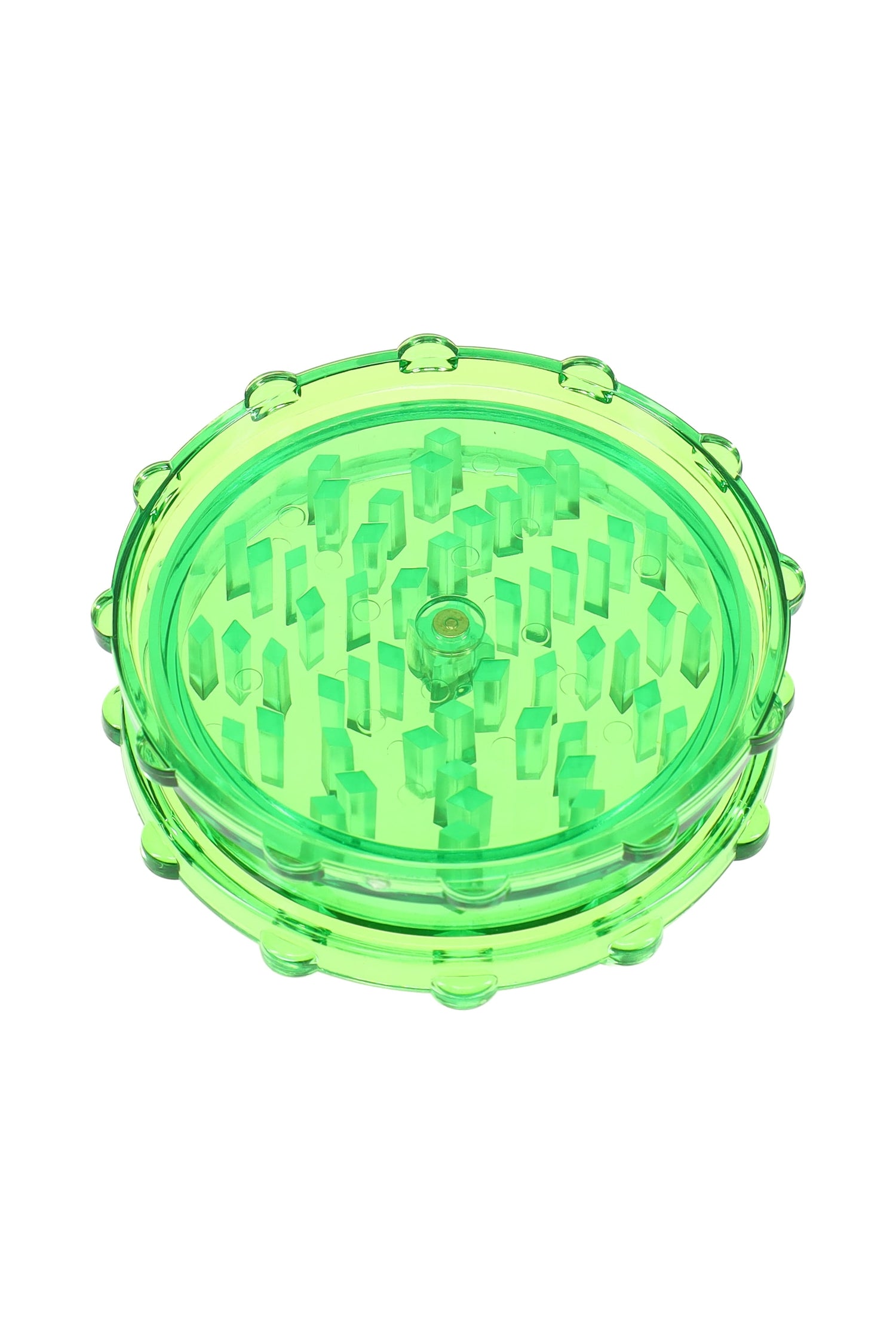 Green acrylic magnetic herb grinder with translucent body and evenly spaced grinding pegs.
