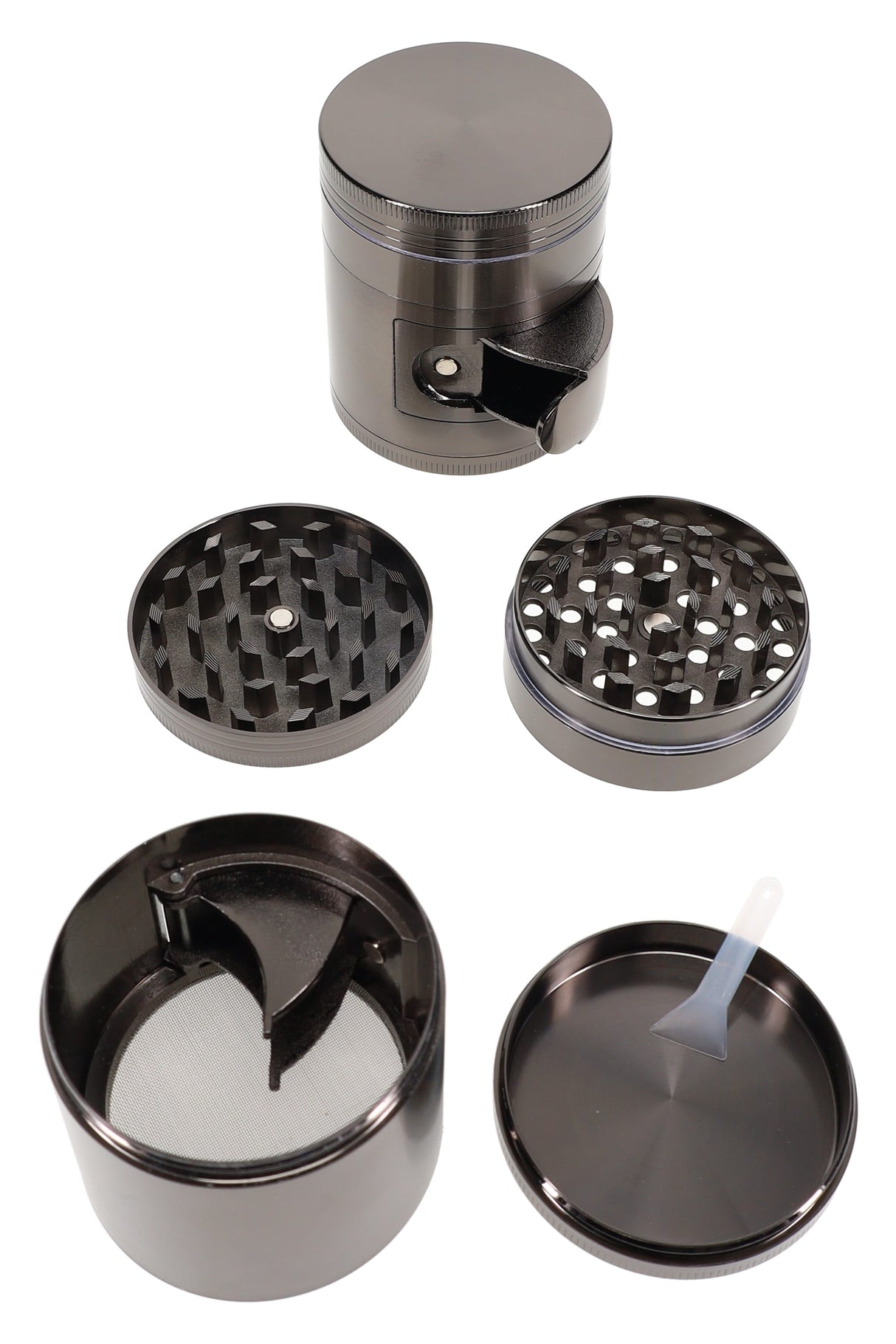 Disassembled 2″ 4-part metal herb grinder showing teeth, screen, catch chamber, and included scraper tool
