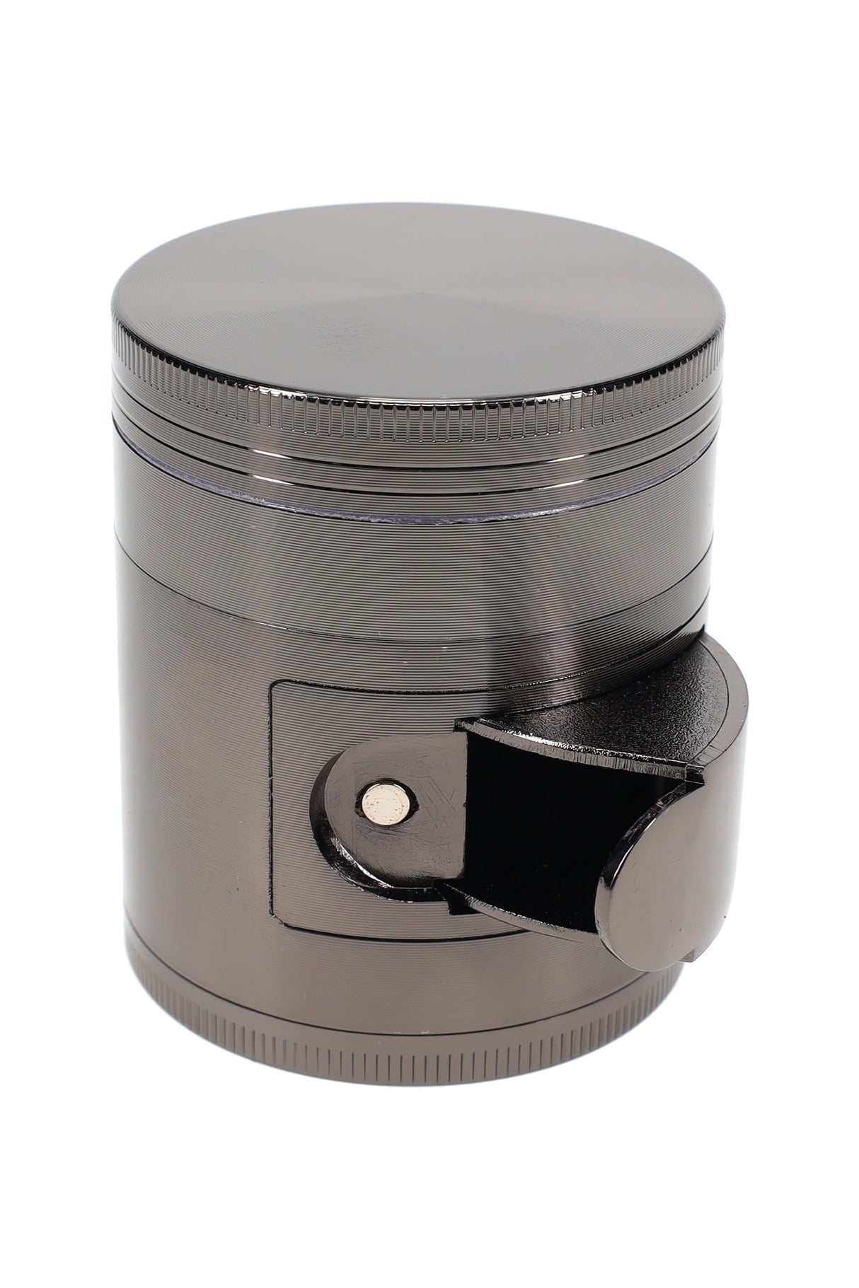2″ zinc alloy 4-part metal herb grinder with dispenser slot, closed top view showing knurled grip edge