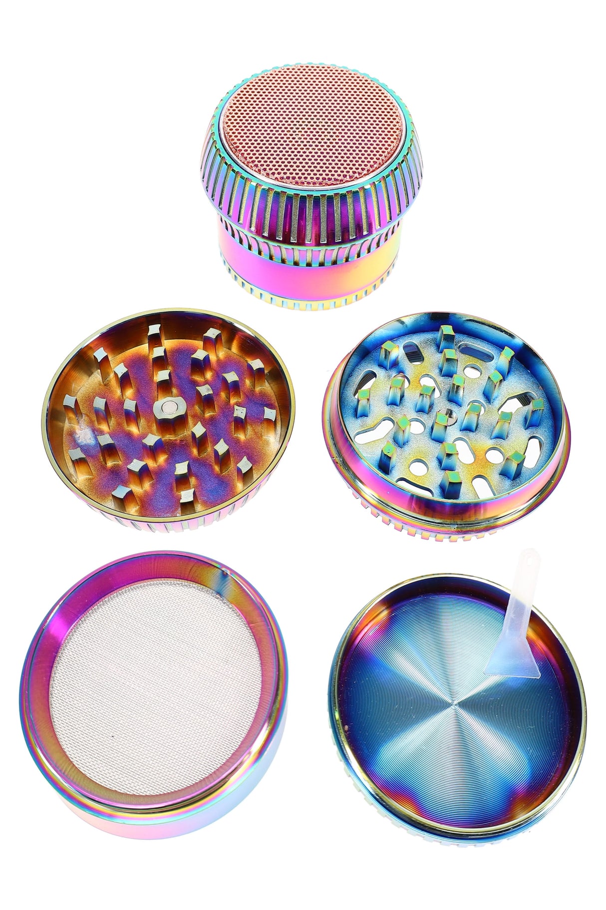 Iridescent rainbow 4-part metal herb grinder with textured cap, diamond teeth, fine mesh screen, and kief scraper, 63 mm size.