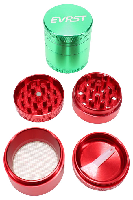 EVRST aluminum 4-part herb grinder in mixed colors, shown disassembled with diamond teeth, mesh screen, and scraper.