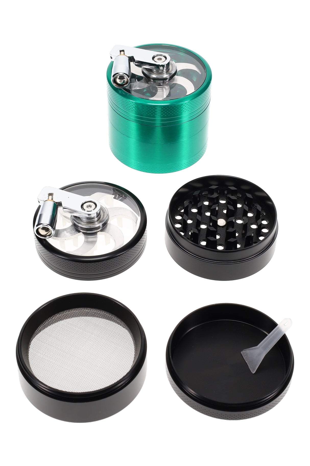 2.25 inch 4-part hand crank herb grinder with clear window lid, mesh screen and kief catch tray shown in green and black pieces