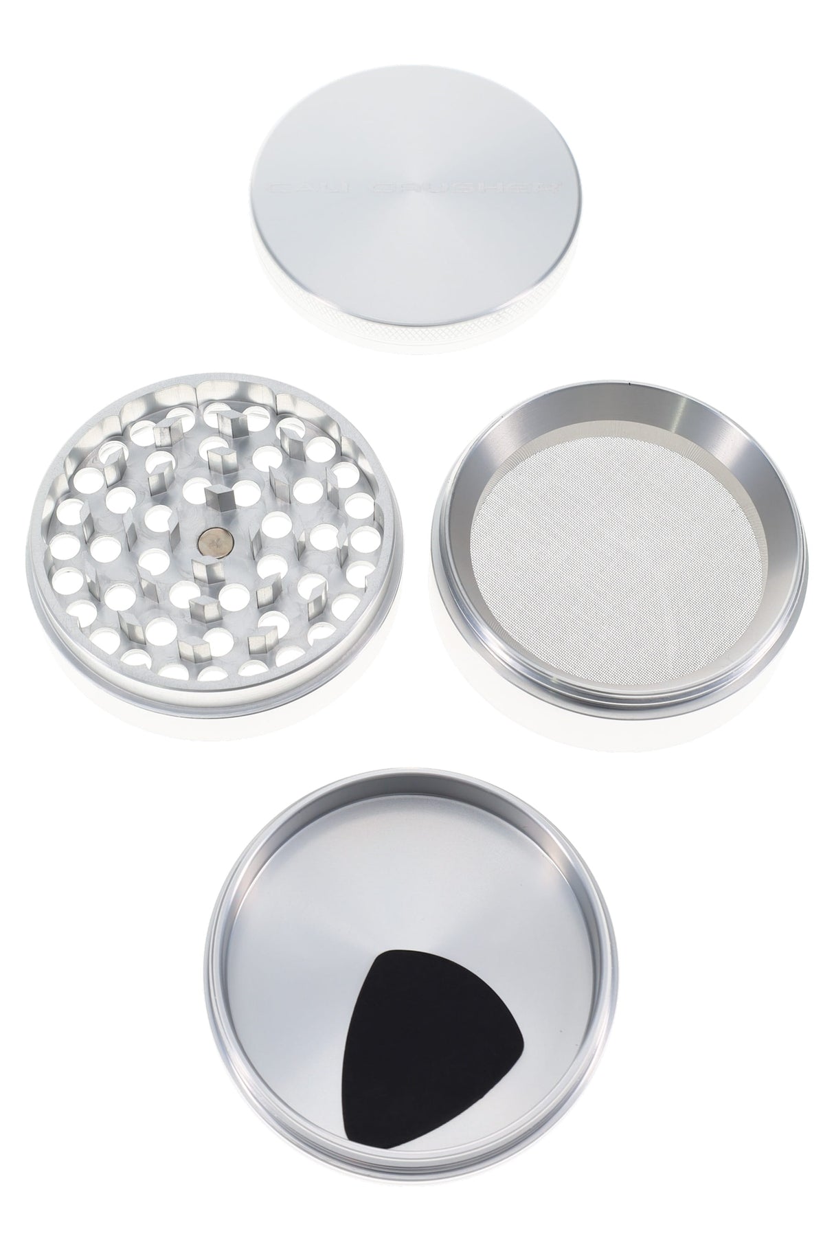 Silver Cali Crusher O.G. grinder in four parts with fine mesh screen and roomy kief catcher displayed.