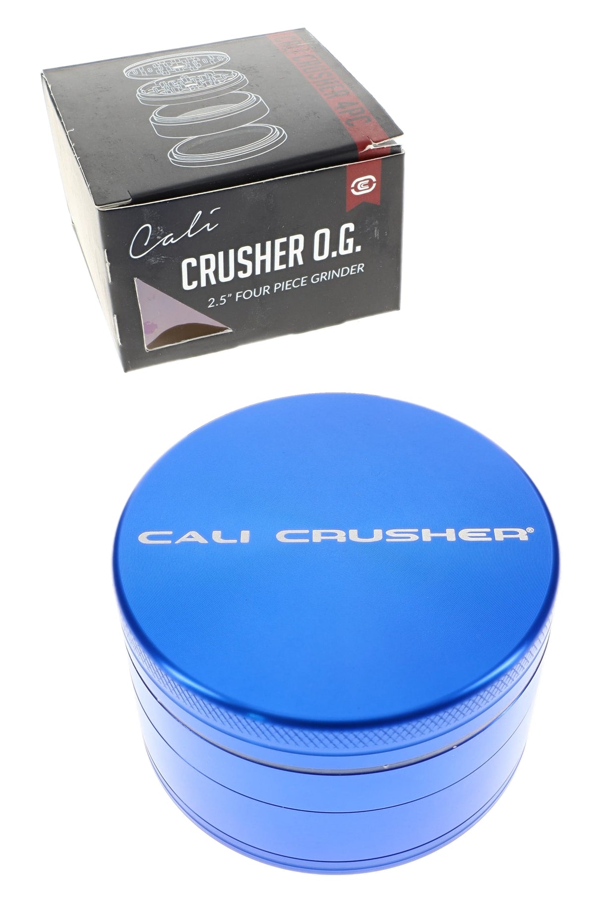 2.5″ 4-piece metal herb grinder shown with retail box, magnetic hard top and textured grip.