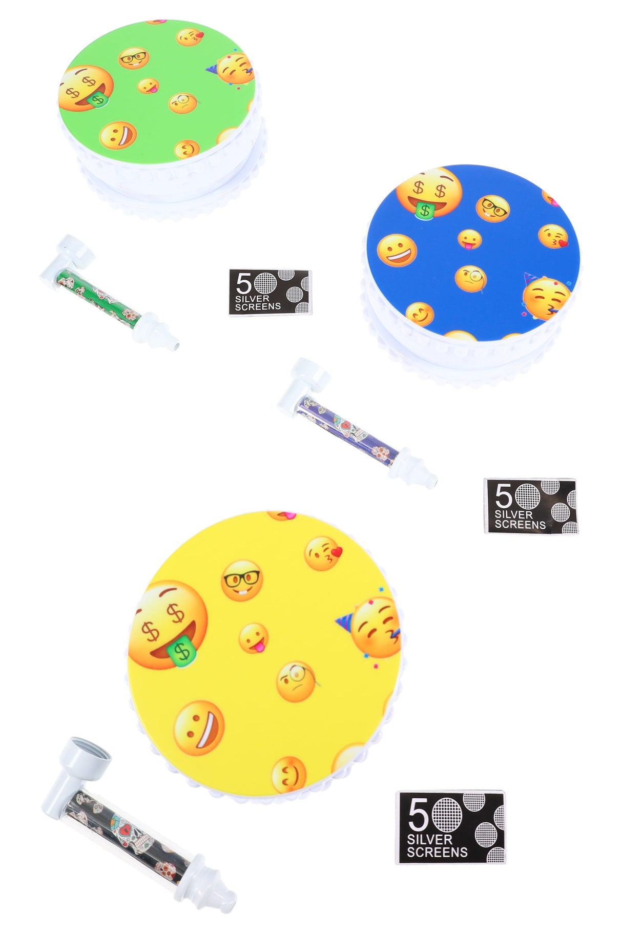 Emoji-lid grinder gift sets laid out with included metal pipe and 5 silver screens; assorted green, blue, and yellow designs shown.